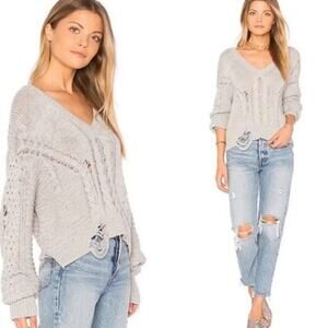 Wildfox Nancy Grey Distressed Knit V-Neck Sweater